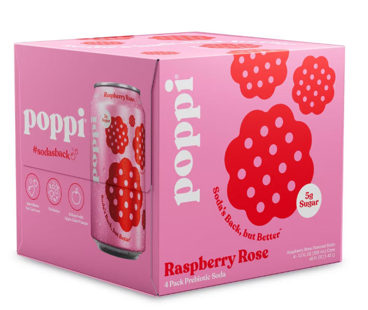 Poppi Raspberry Rose Prebiotic Soda - 4 latas de 12floz: Non-Caffeinated